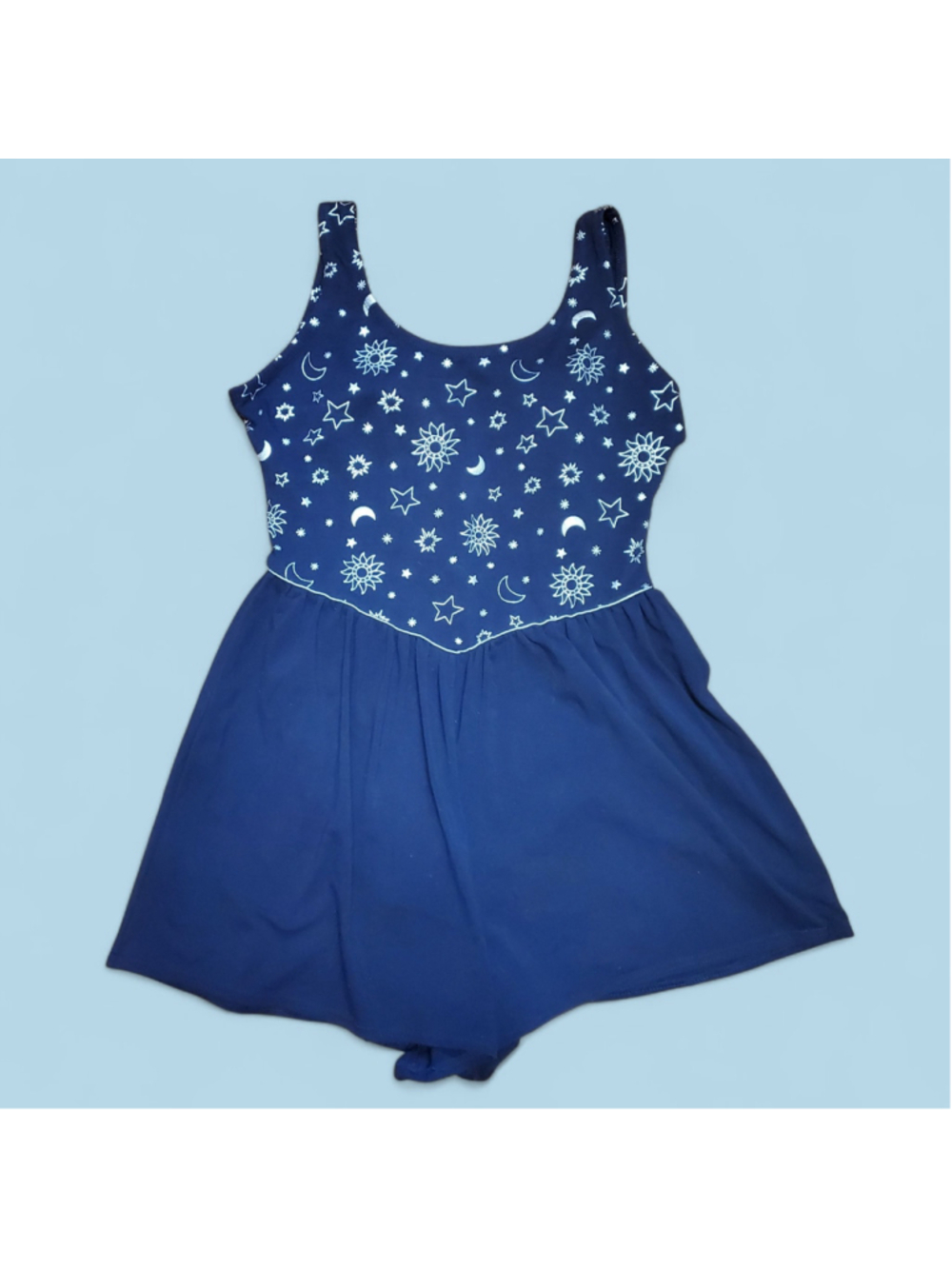 Vintage 90s Basic Editions Navy Blue Silver Celestial Sun Moon Play Swim Romper